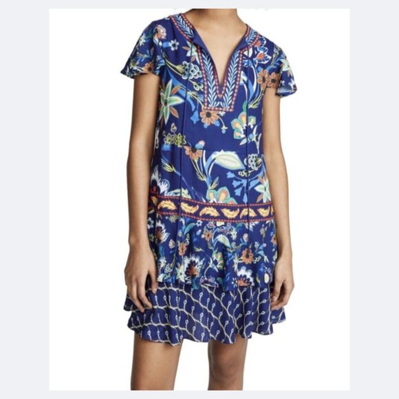 Alice + Olivia Blue Floral Drop Waist Dress w/Embroidered Collar - Picture 1 of 6